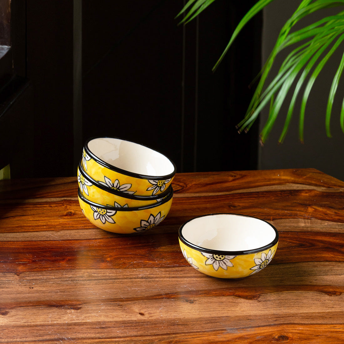 Californian Sunflowers – Hand-Painted Ceramic Dinner Bowls (Katoris) (Set of 4 | 180 ml Each | Microwave Safe)