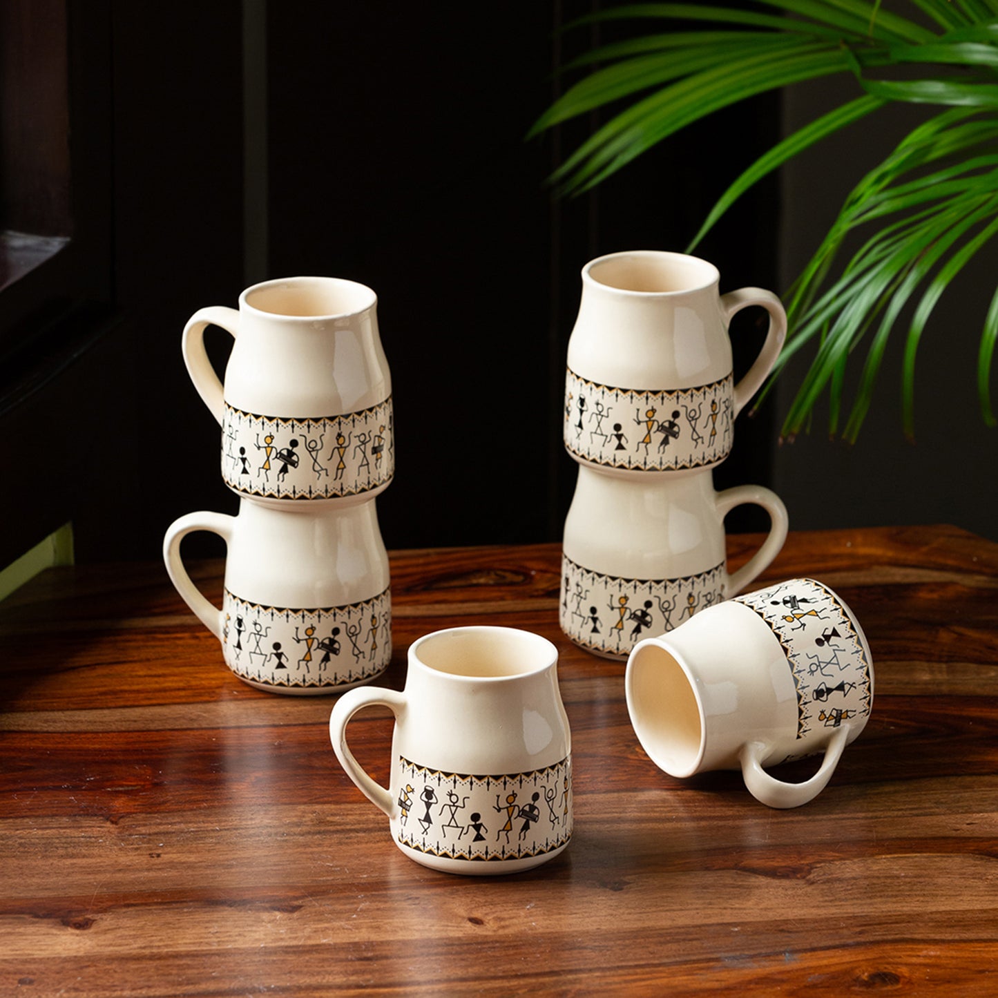 Whispers of Warli – Handcrafted Ceramic Tea & Coffee Cups (Set of 6)