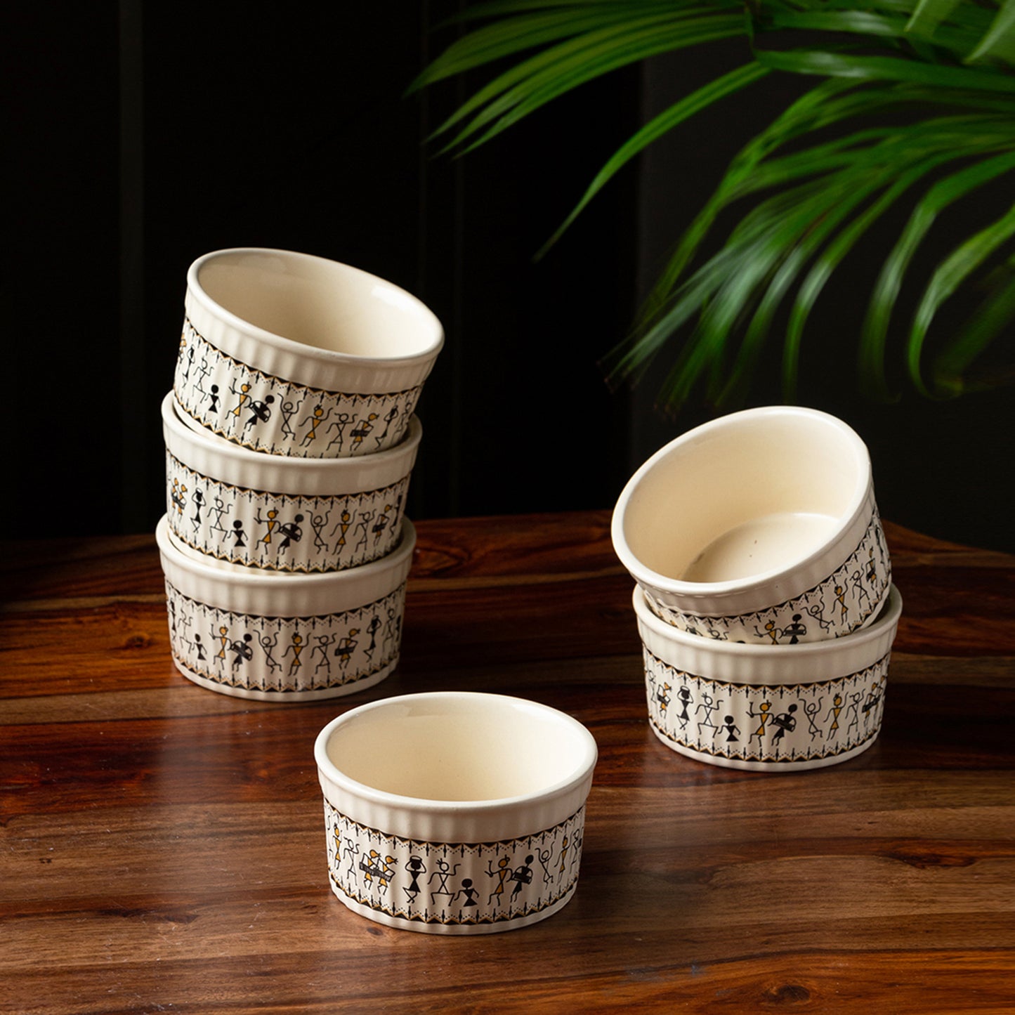 Whispers of Warli Handcrafted Ceramic Dinner Bowls/Katoris (Set of 6, 180 ML)
