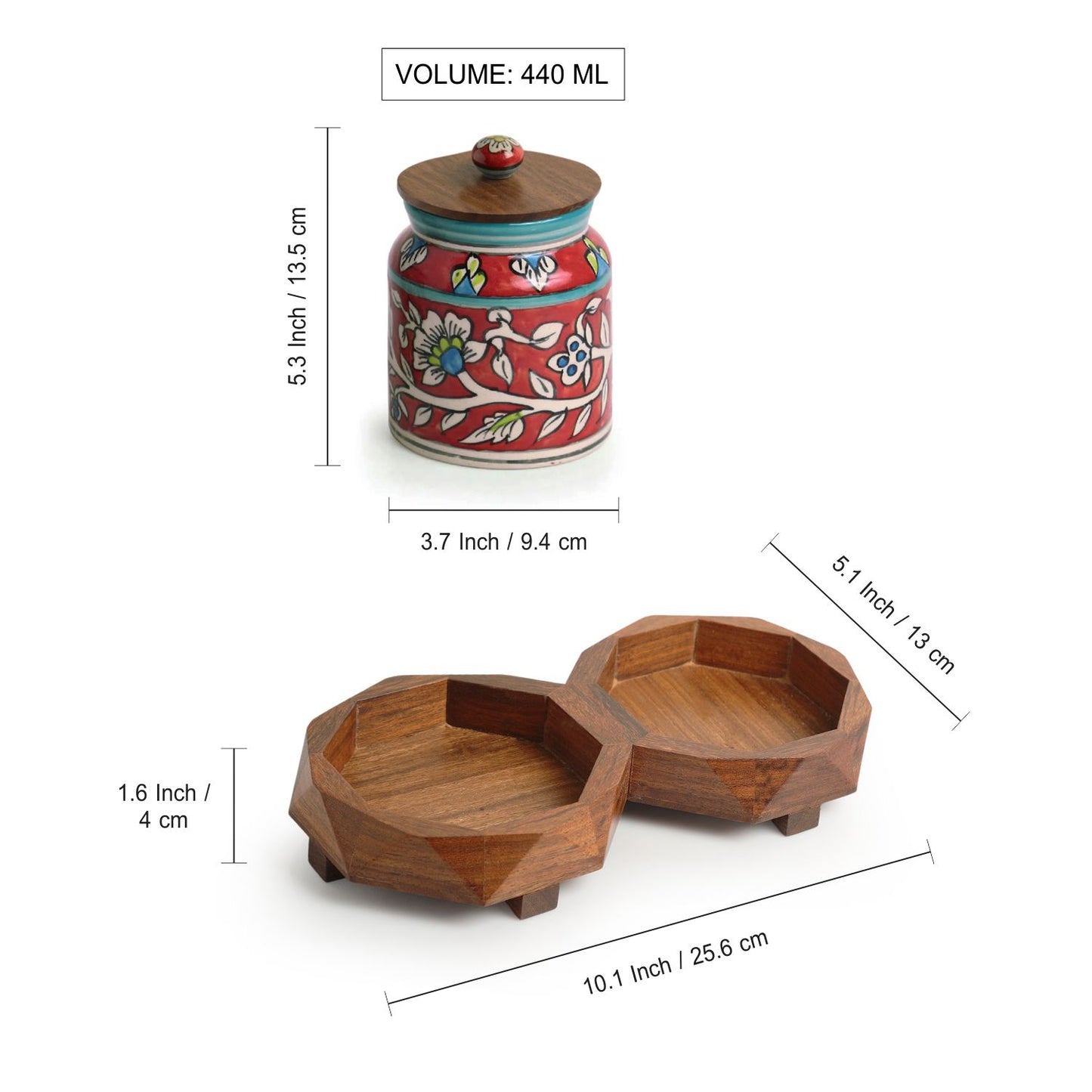 Mughal Elegance – Hand-Painted Ceramic Jar Set with Sheesham Tray (440 ml x 2)