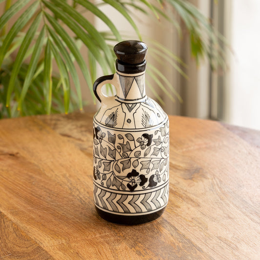 “Mughal Floral – Monochrome Elegance” Hand-Painted Ceramic Oil Bottle (900 ml, White & Black)