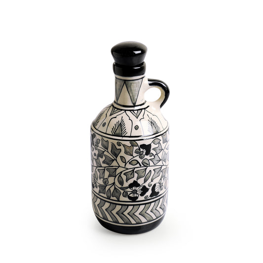 “Mughal Floral – Monochrome Elegance” Hand-Painted Ceramic Oil Bottle (900 ml, White & Black)