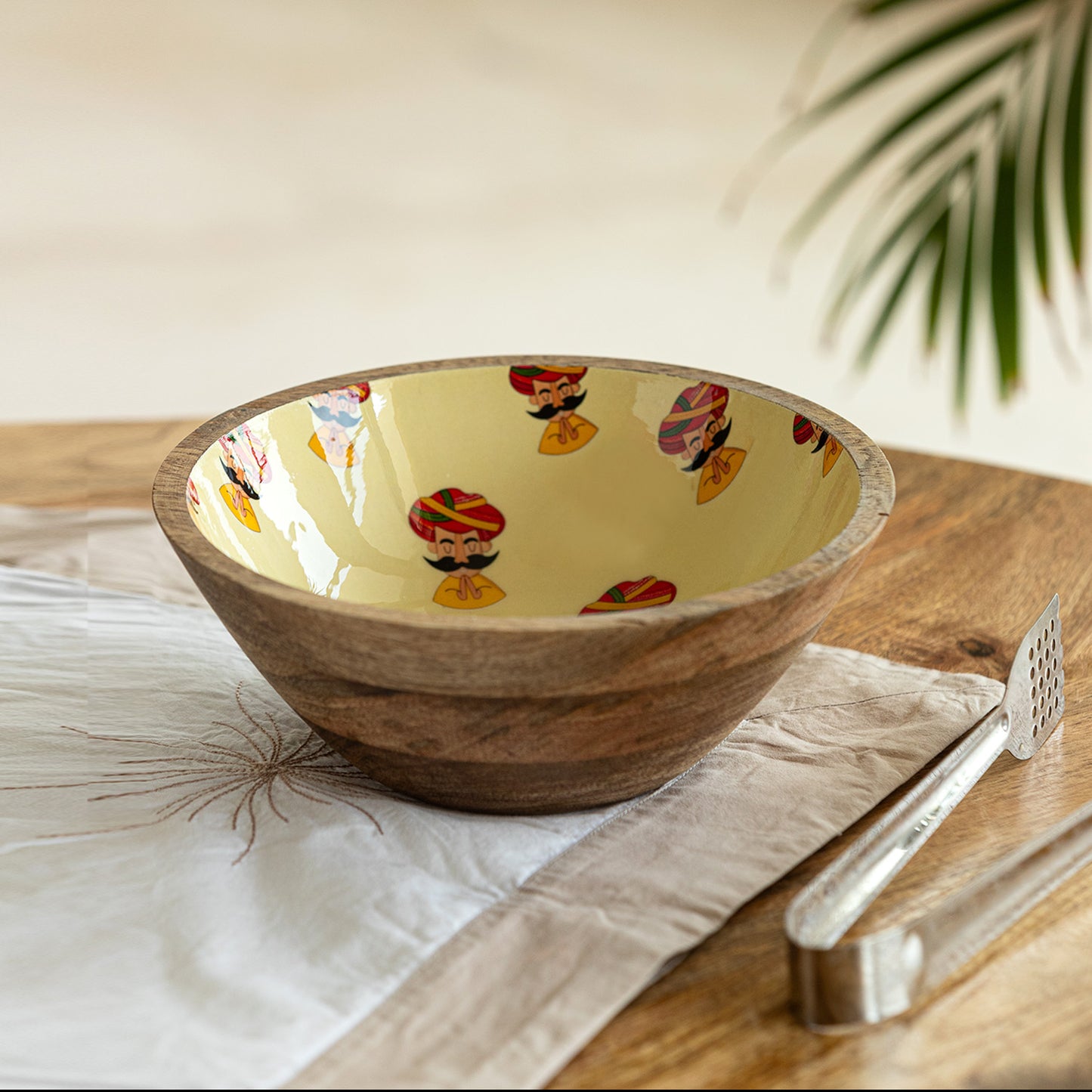 Handcrafted Mango Wood Salad Bowl with Rajasthani Folk Musician Design