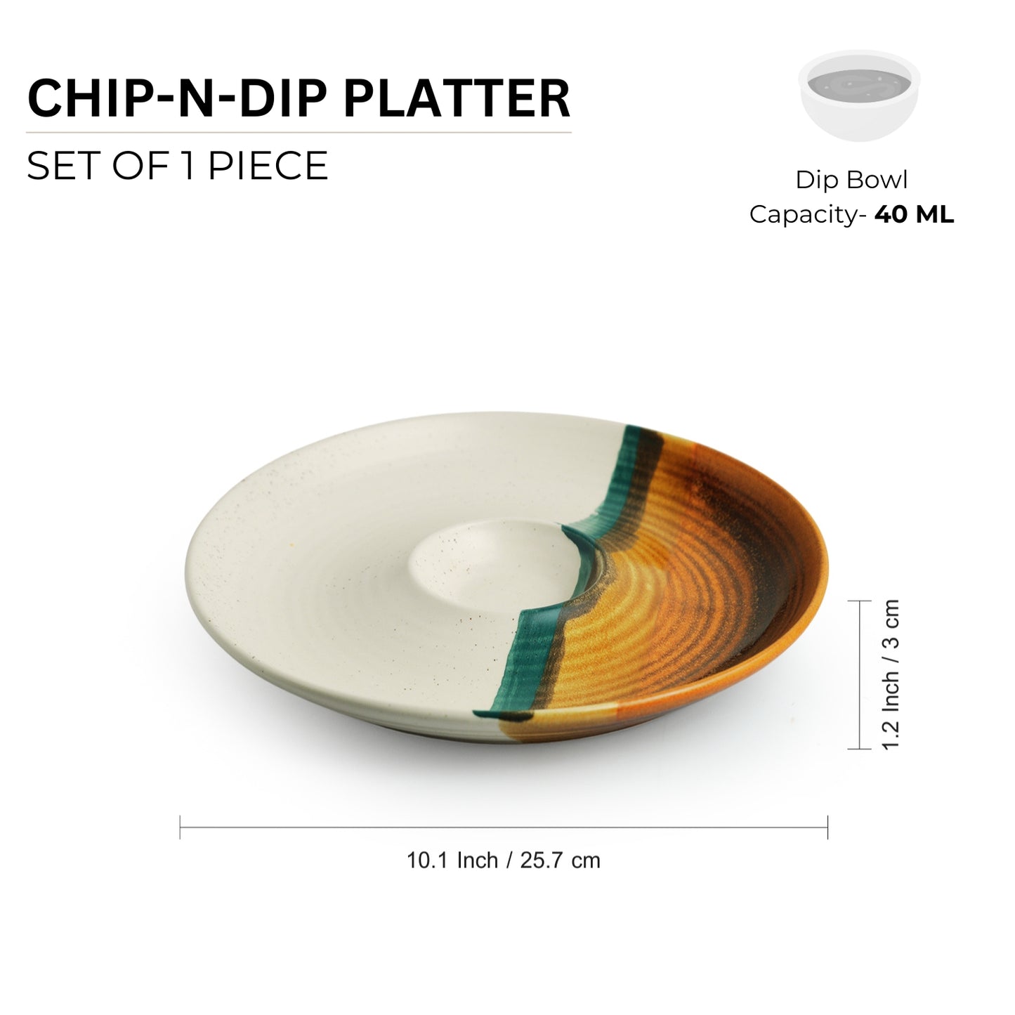 “Tranquil Trio” Hand-Etched Ceramic Chip-n-Dip Platter (25.7 cm, Microwave Safe)