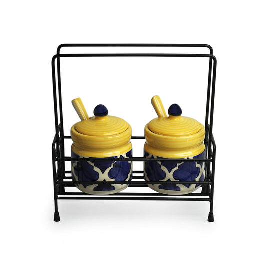 Moroccan Hand-Painted Ceramic Jam Jar Set With Spoons and Iron Caddy