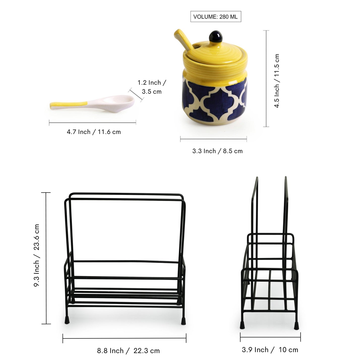 Moroccan Hand-Painted Ceramic Jam Jar Set With Spoons and Iron Caddy