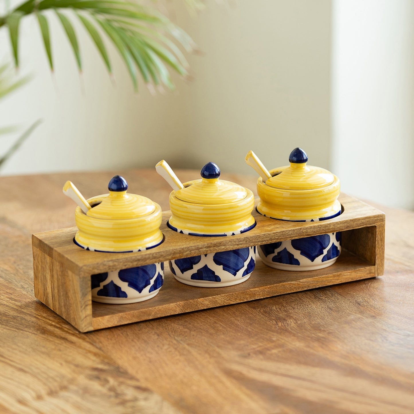Moroccan Mosaics – Hand-Painted Ceramic Jar Trio with Spoons & Mango Wood Holder (280 ml x 3)