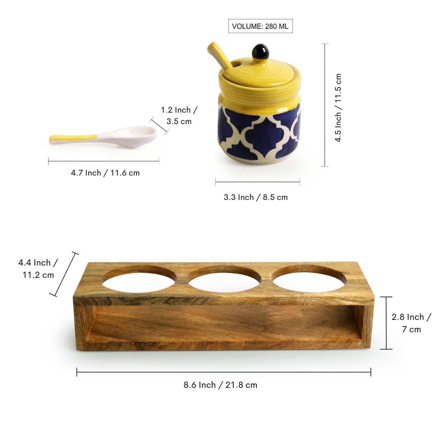 Moroccan Mosaics – Hand-Painted Ceramic Jar Trio with Spoons & Mango Wood Holder (280 ml x 3)