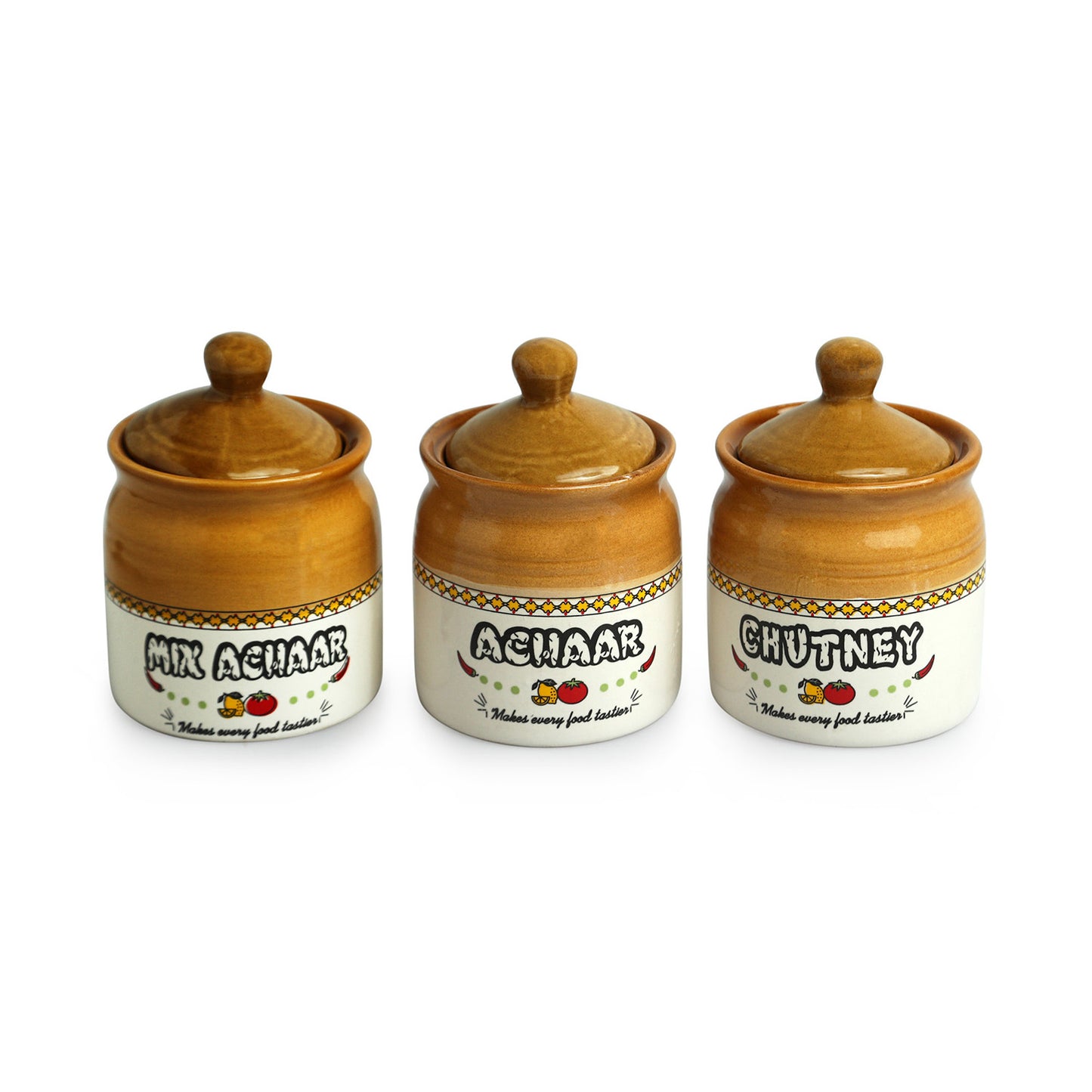 Multi-Purpose Ceramic Pickle & Condiment Jar Set (Set of 3, 280 ml)
