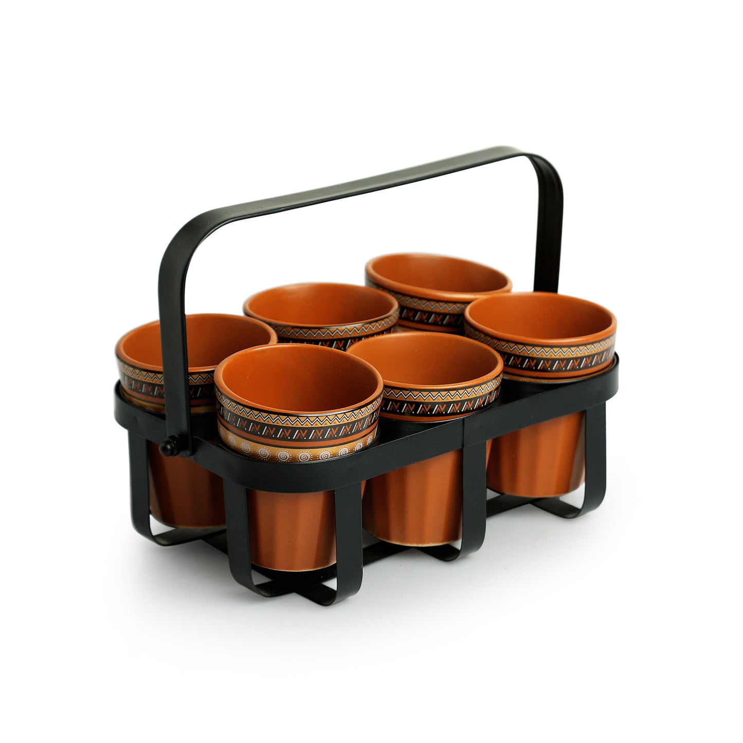 Geometric Handcrafted Tea and Coffee Glass Set with Iron Holder – Set of 6