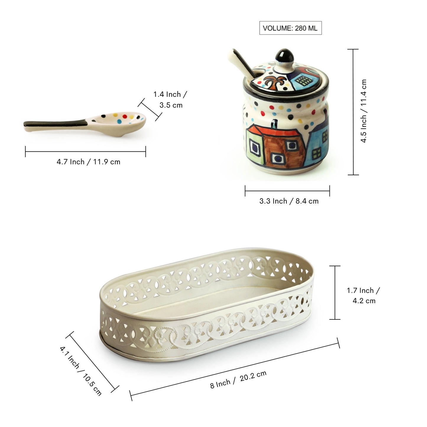 The Hut Duo – Hand-painted Ceramic Jar Set with Spoons & Iron Tray (280 ml x 2)