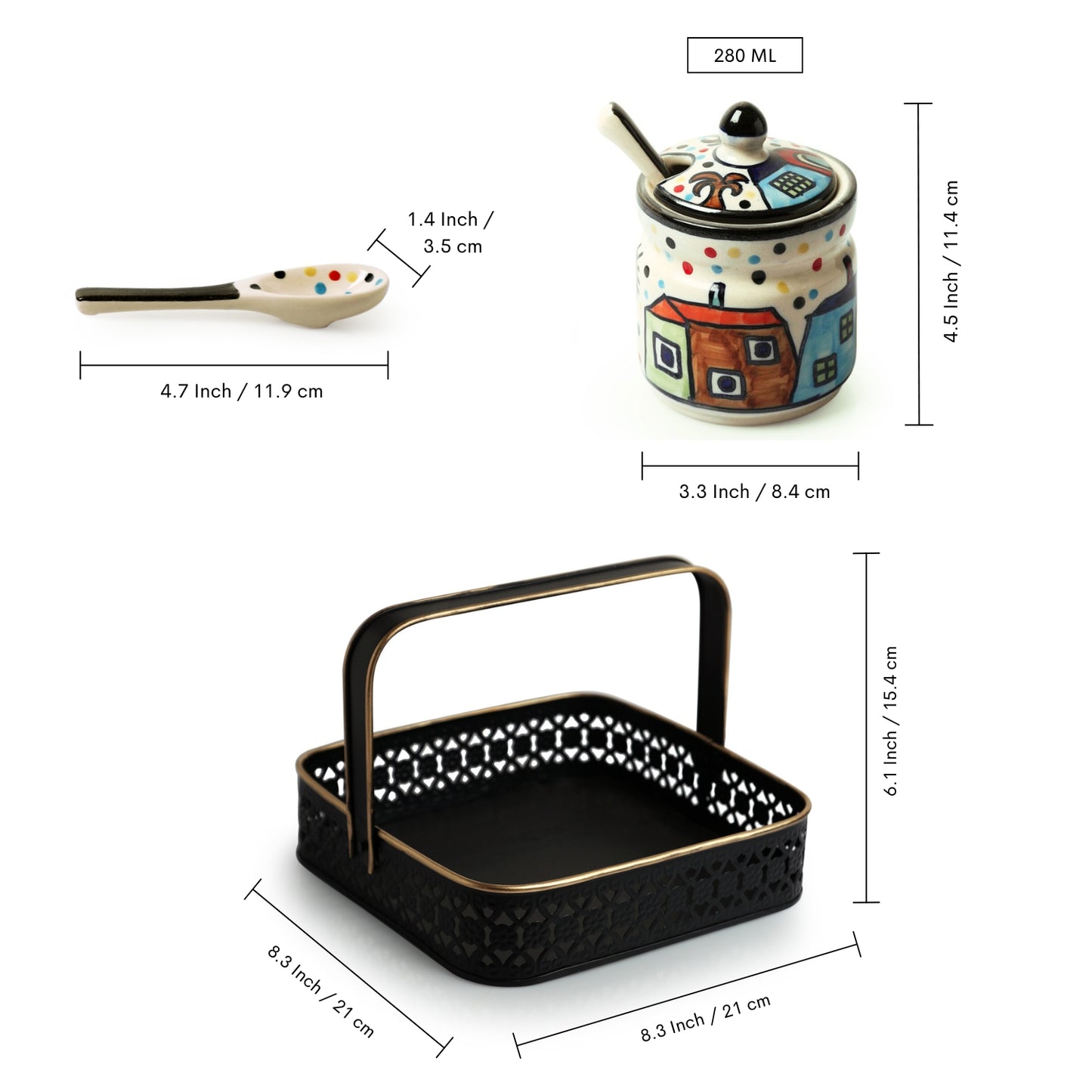 The Hut Quartet – Hand-Painted Ceramic Jar Set with Spoons & Iron Holder (280 ml x 4)