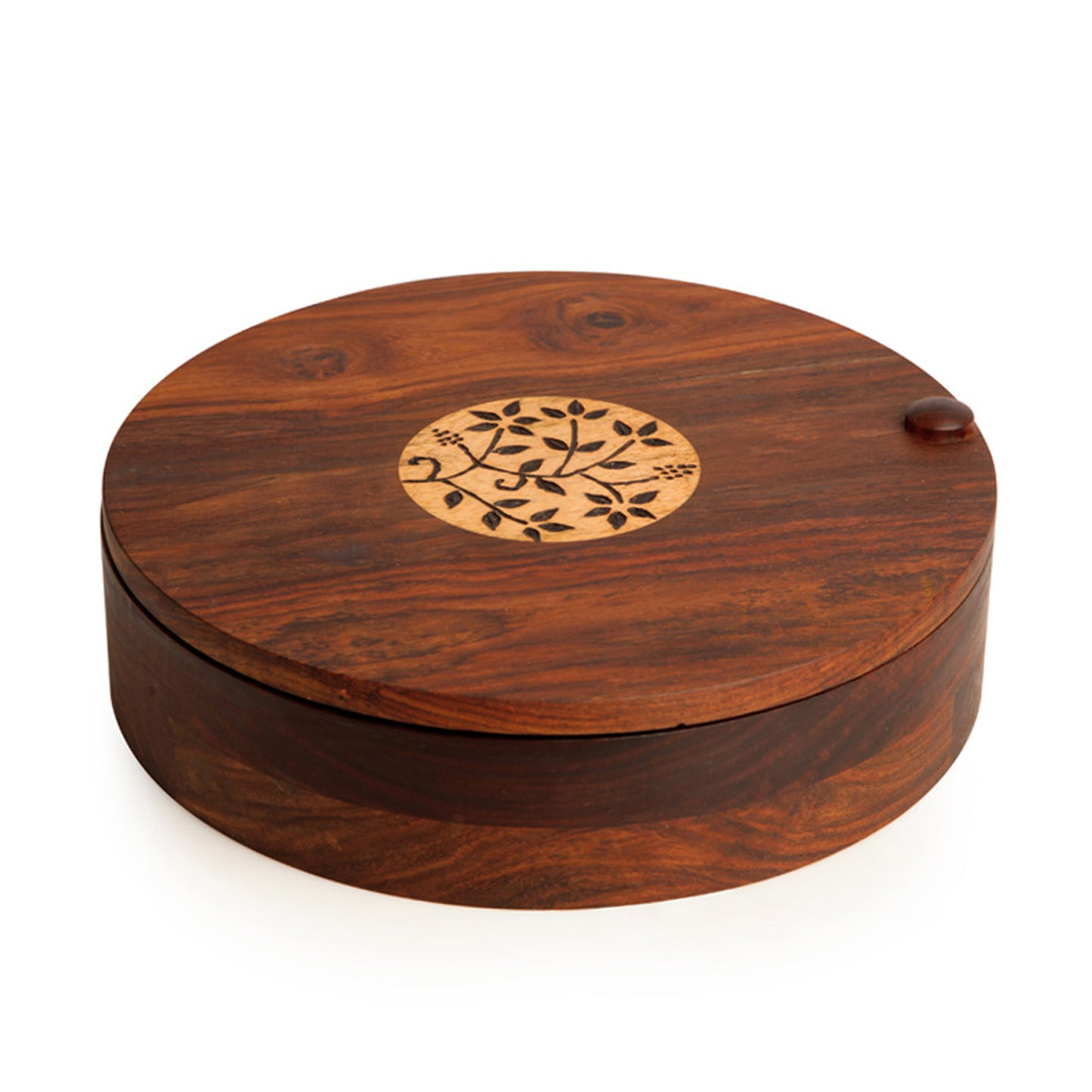 'Forest Bloom' Sheesham Wood Spice Box with Burnt Floral Motifs (9 Compartments)