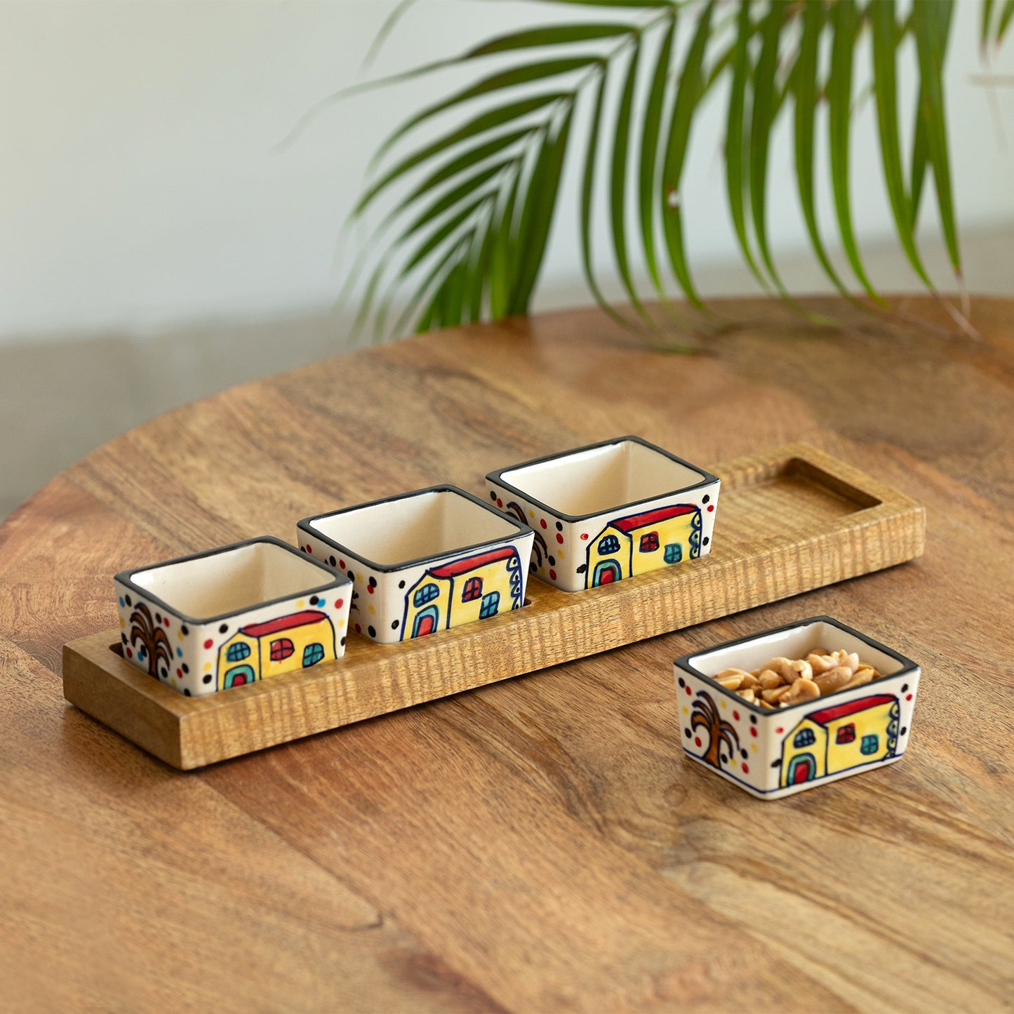 The Hut Hand-Painted Ceramic Chutney & Dip Bowls With Wooden Tray