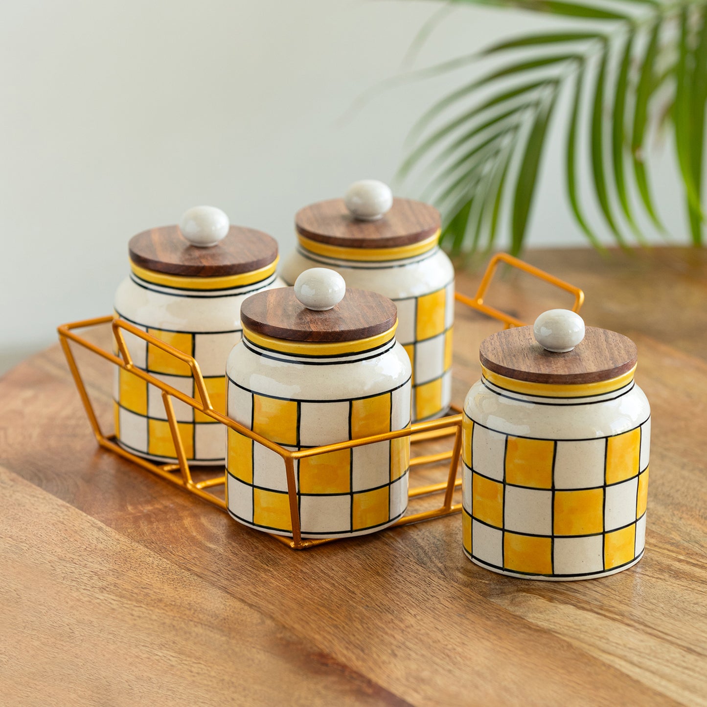 Shatranj Checkered Multi-Purpose Storage Jars and Containers In Ceramic With Iron Holder