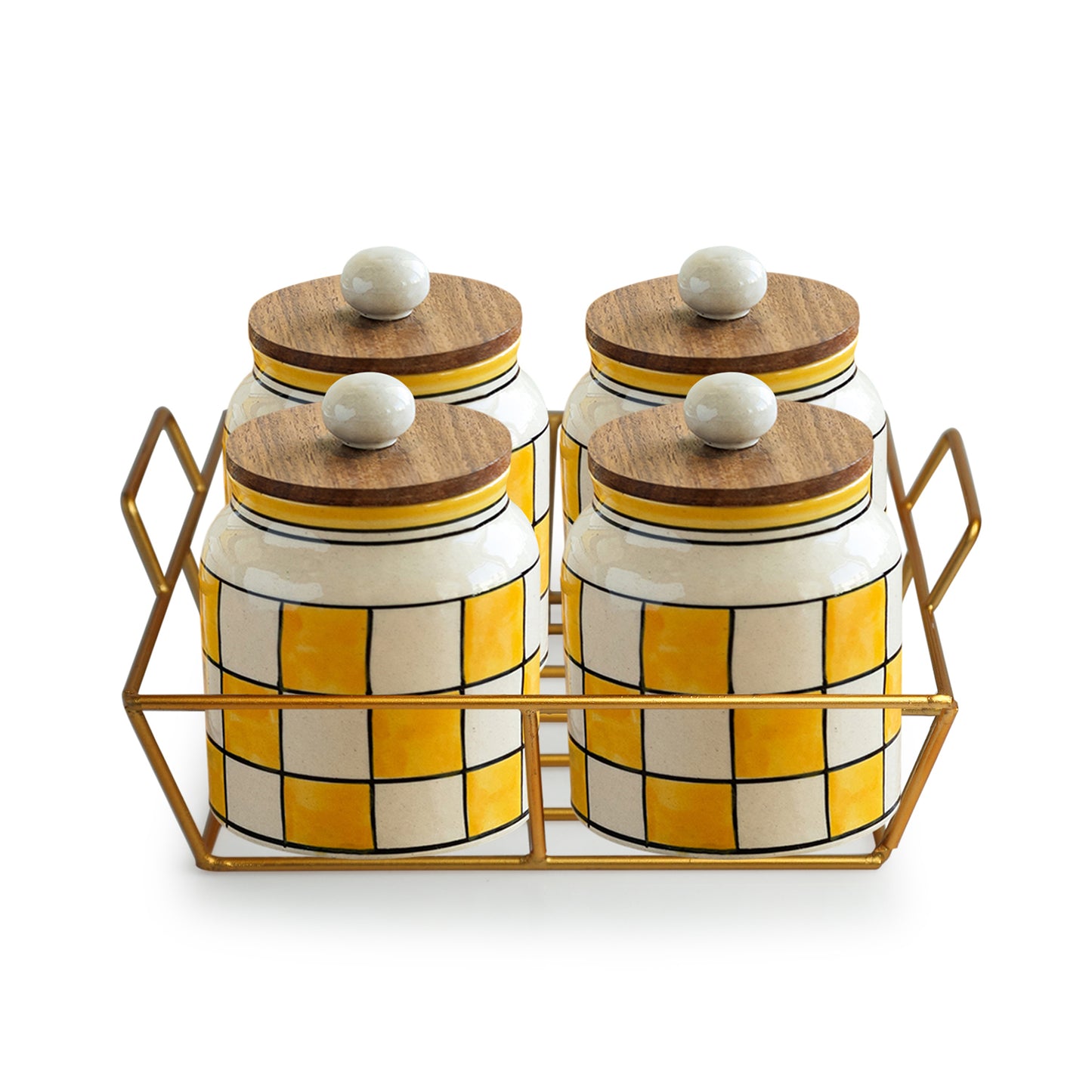 Shatranj Checkered Multi-Purpose Storage Jars and Containers In Ceramic With Iron Holder