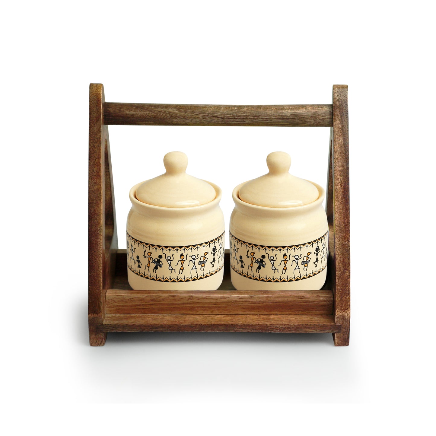 Whispers of Warli – Ceramic Jar Set with Wooden Holder (Set of 2, 280 ml each