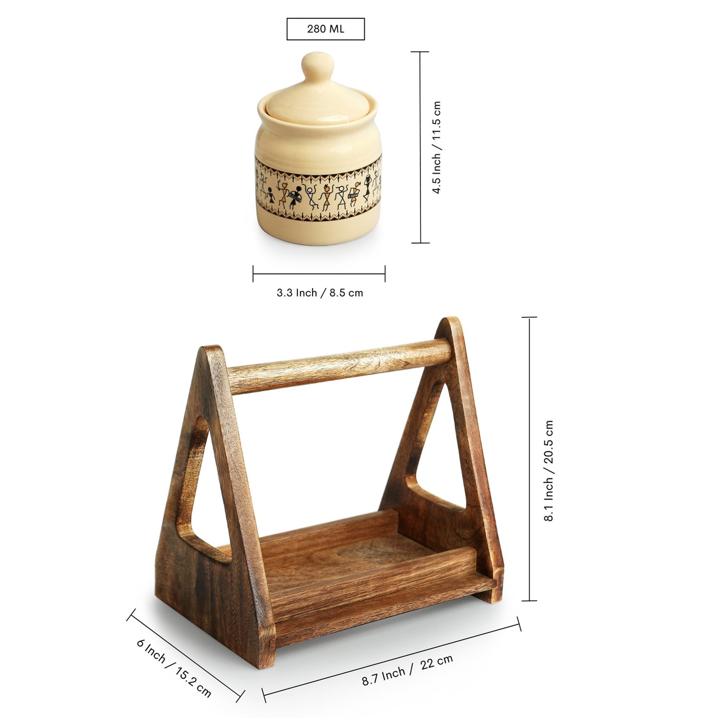 Whispers of Warli – Ceramic Jar Set with Wooden Holder (Set of 2, 280 ml each