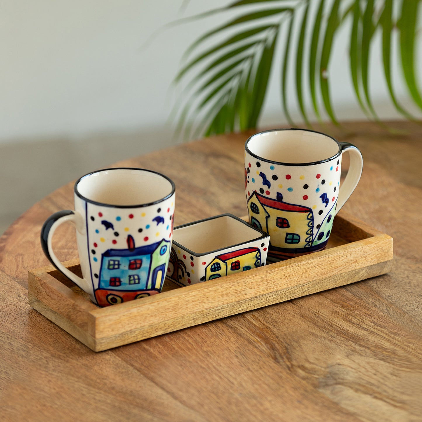 The Hut - Ceramic Tea and Coffee Mugs With Nut Bowl & Wooden Tray