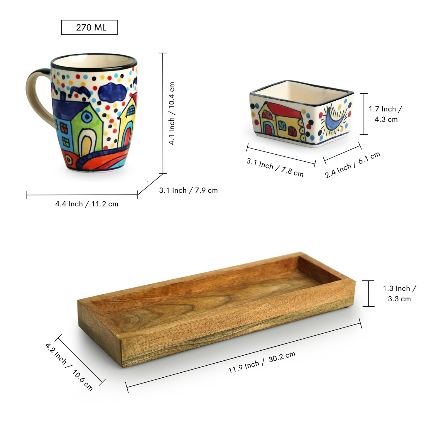 The Hut - Ceramic Tea and Coffee Mugs With Nut Bowl & Wooden Tray