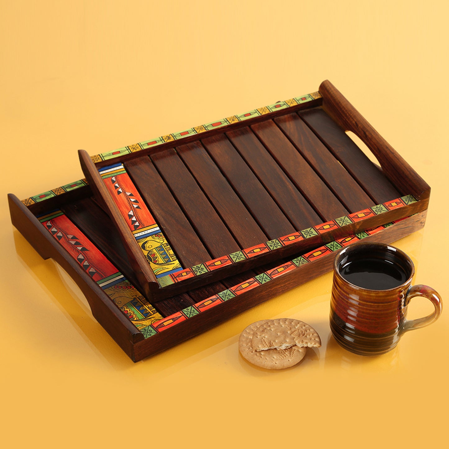 “Folkwood Frames” Madhubani Hand-Painted Nested Trays in Sheesham Wood (Set of 2)
