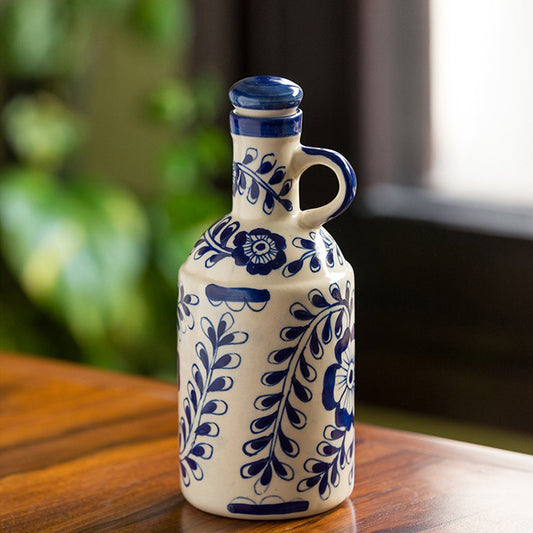 “Flowy Flora” Hand-Painted Mughal Ceramic Oil Bottle (1000 ml) – Ink Blue & White Elegance