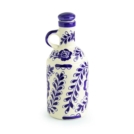 “Flowy Flora” Hand-Painted Mughal Ceramic Oil Bottle (1000 ml) – Ink Blue & White Elegance