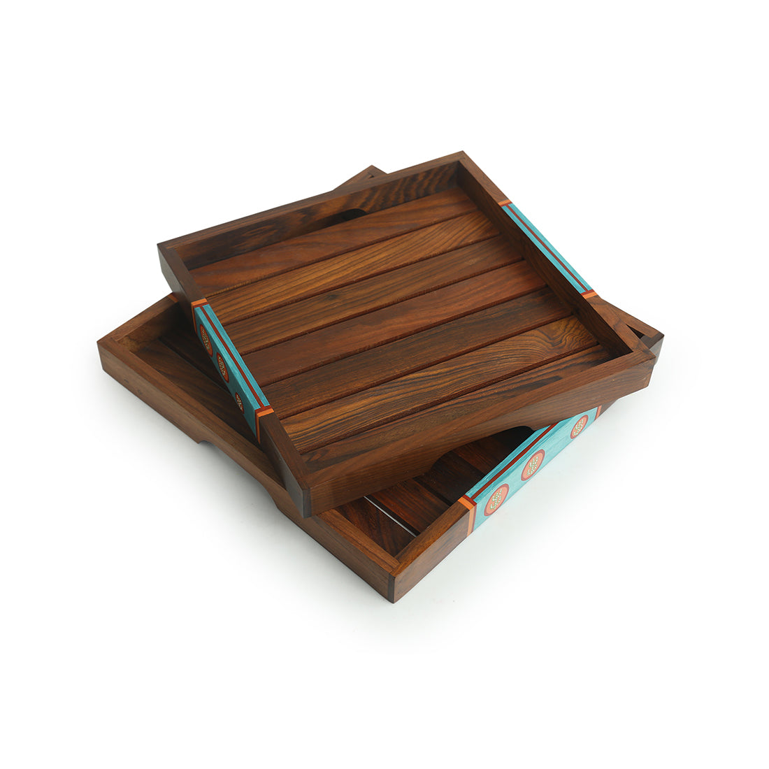 Oasis Plank Duo - Hand-Painted Nested Serving Trays In Sheesham Wood (Set of 2)