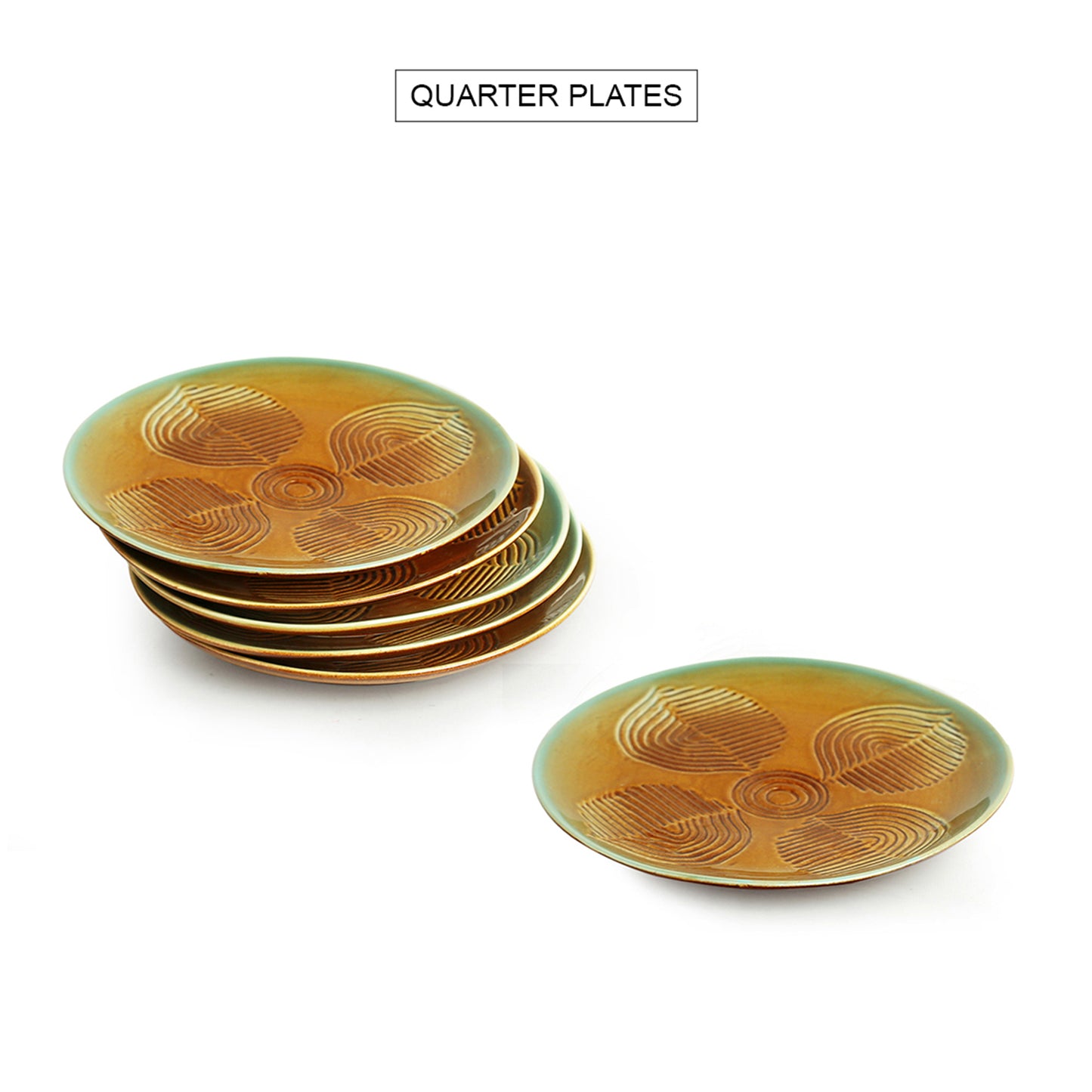 'Feathered Earth' Hand-Engraved Ceramic Quarter Plates (Set of 6, Microwave Safe)