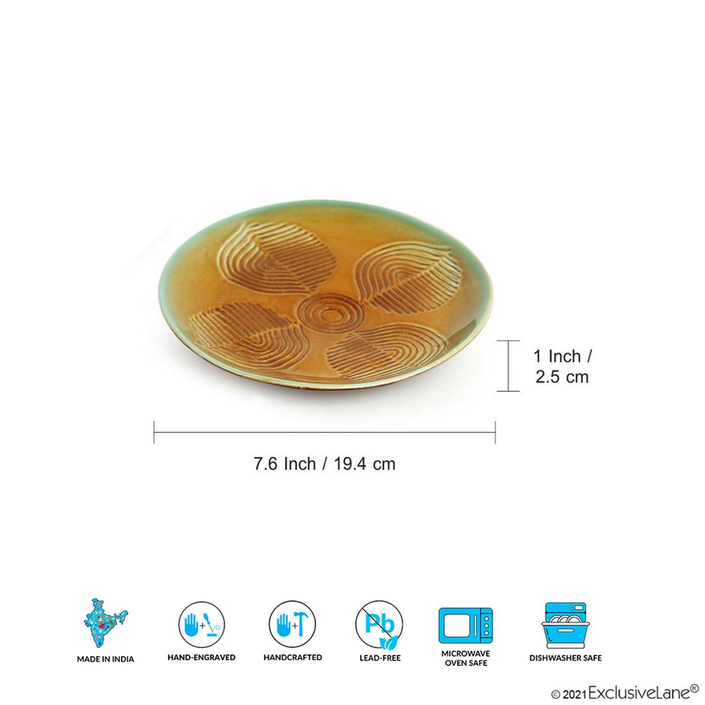 'Feathered Earth' Hand-Engraved Ceramic Quarter Plates (Set of 6, Microwave Safe)