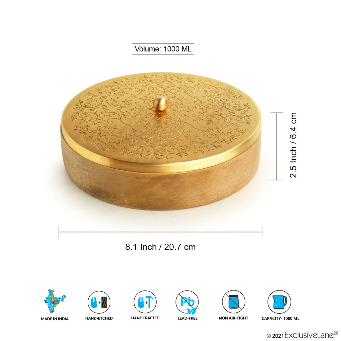 Floral-Etched – Handcrafted Chapati Box in Brass & Mango Wood (1000 ml | Brass Lid with Hand-Etched Floral Motif | Artisan-Made)