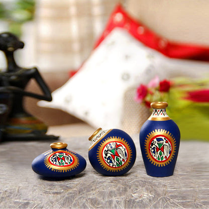 Terracotta Warli Handpainted Miniature Blue Pots Showpieces (Set Of 3)