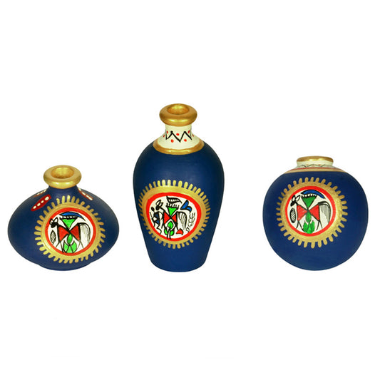 Terracotta Warli Handpainted Miniature Blue Pots Showpieces (Set Of 3)