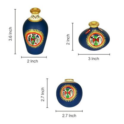 Terracotta Warli Handpainted Miniature Blue Pots Showpieces (Set Of 3)
