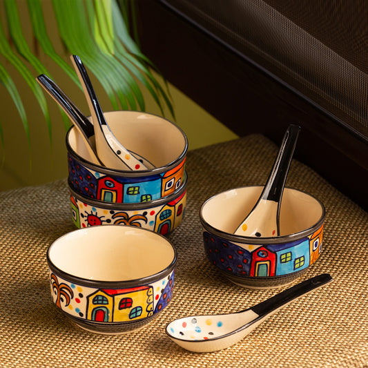 Soupy Huts Handpainted Soup Bowl With Spoon Set (Set of 4, 260 ML, Microwave Safe)