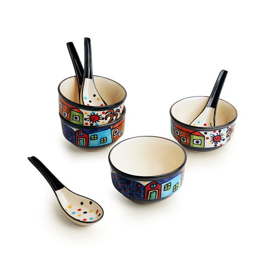 Soupy Huts Handpainted Soup Bowl With Spoon Set (Set of 4, 260 ML, Microwave Safe)