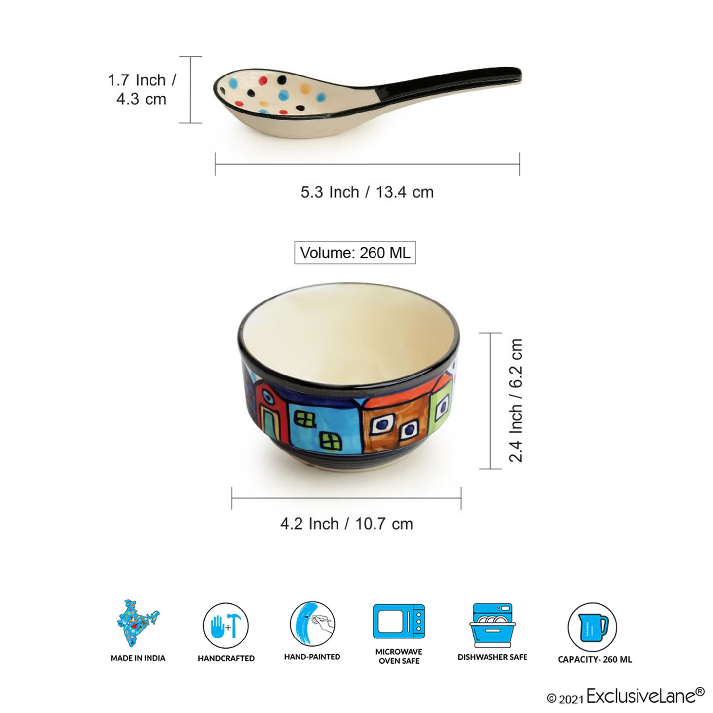 Soupy Huts Handpainted Soup Bowl With Spoon Set (Set of 4, 260 ML, Microwave Safe)