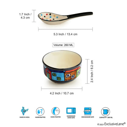 Soupy Huts Handpainted Soup Bowl With Spoon Set (Set of 4, 260 ML, Microwave Safe)