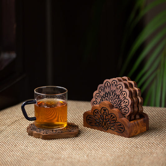 “Peacock Woods” Hand-Carved Coaster Set in Sheesham Wood (Set of 4 + Stand)