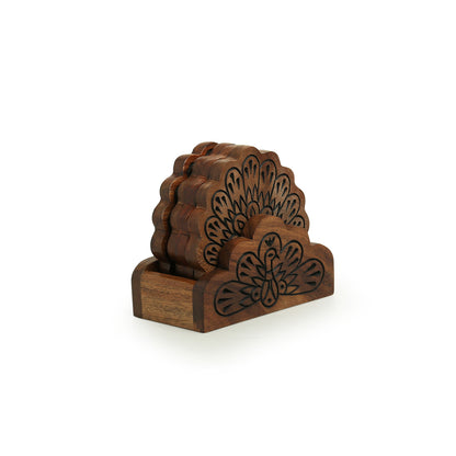 “Peacock Woods” Hand-Carved Coaster Set in Sheesham Wood (Set of 4 + Stand)