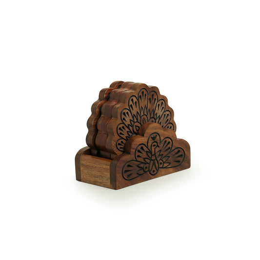 “Peacock Woods” Hand-Carved Coaster Set in Sheesham Wood (Set of 4 + Stand)