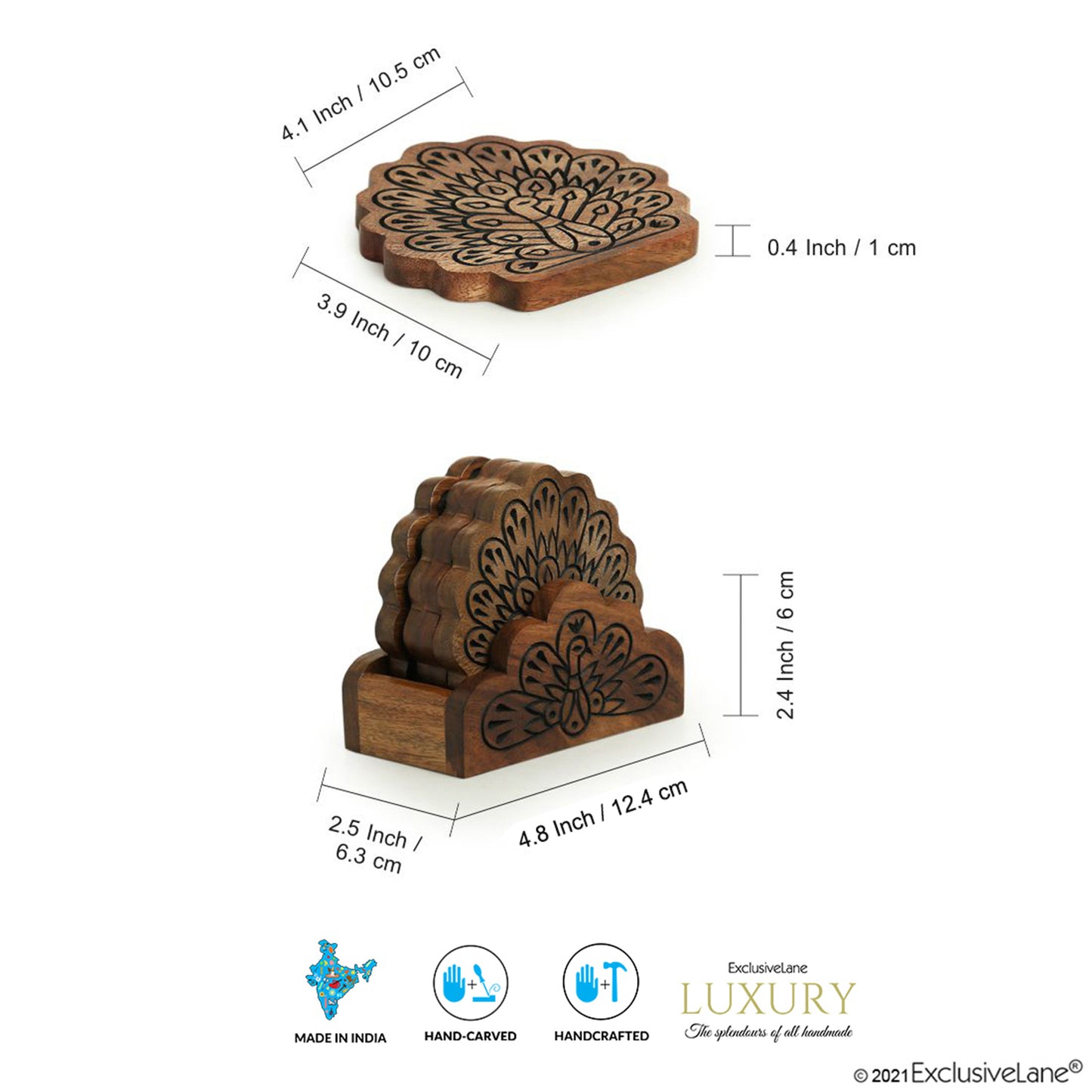 “Peacock Woods” Hand-Carved Coaster Set in Sheesham Wood (Set of 4 + Stand)