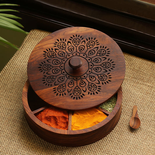 “The Dancing Plumage” – Hand-Carved Sheesham Wood Spice Box (7 Partitions, 120 ml)