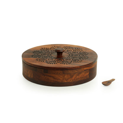 “The Dancing Plumage” – Hand-Carved Sheesham Wood Spice Box (7 Partitions, 120 ml)