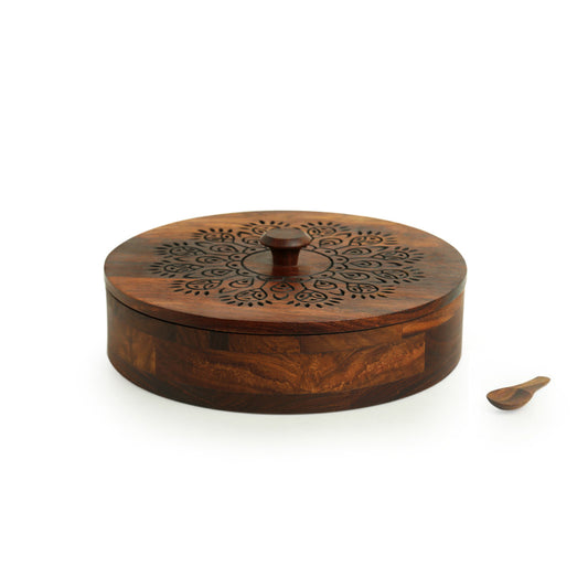 “The Dancing Plumage” – Hand-Carved Sheesham Wood Spice Box (7 Partitions, 120 ml)