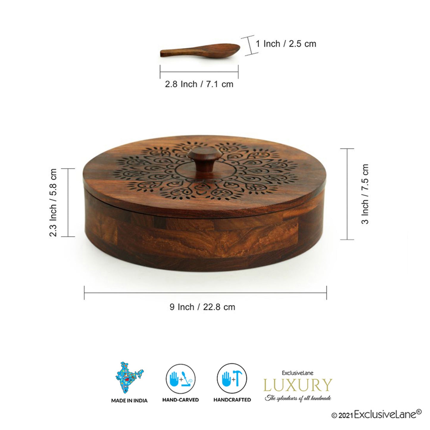 “The Dancing Plumage” – Hand-Carved Sheesham Wood Spice Box (7 Partitions, 120 ml)