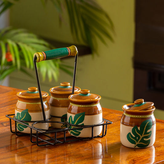 “Shades of a Leaf” Hand-Painted Autumn-Inspired Ceramic Jar Set with Tray (220 ml x 4)