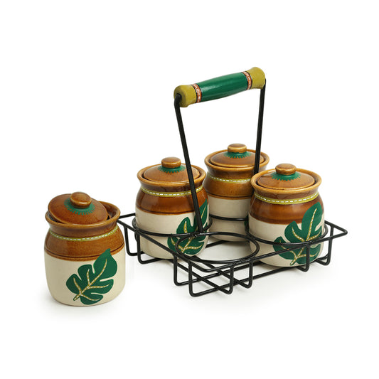 “Shades of a Leaf” Hand-Painted Autumn-Inspired Ceramic Jar Set with Tray (220 ml x 4)