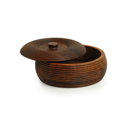 Ripples of Wood – Hand-Carved Chapati Box in Sheesham Wood (1350 ml | Natural Dark Finish | Handcrafted)