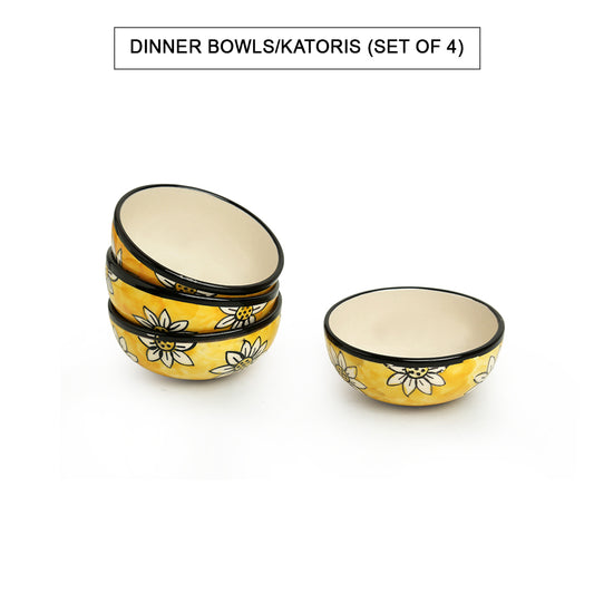Californian Sunflowers – Hand-Painted Ceramic Dinner Bowls (Katoris) (Set of 4 | 180 ml Each | Microwave Safe)